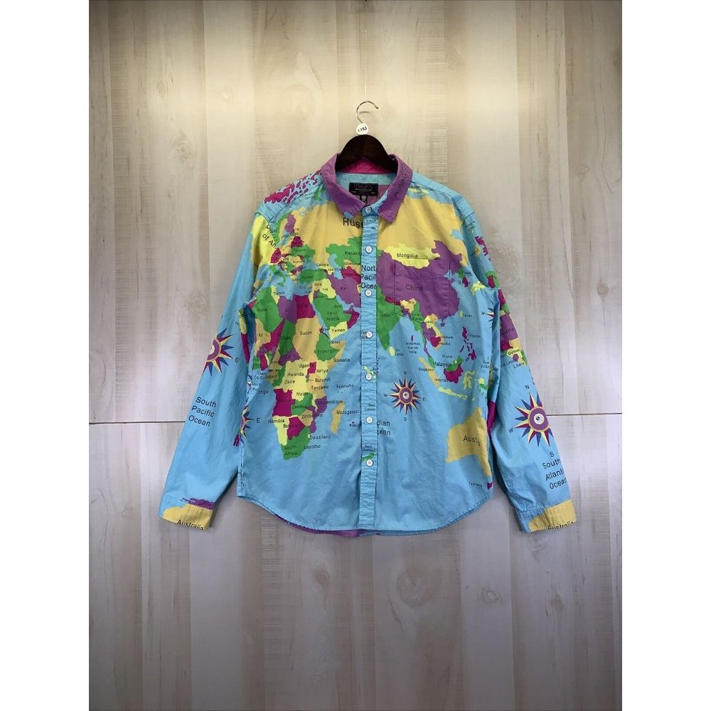 MNLLIKA New York, Geographic Print Cotton Button Up Mens Shirt Large-8153